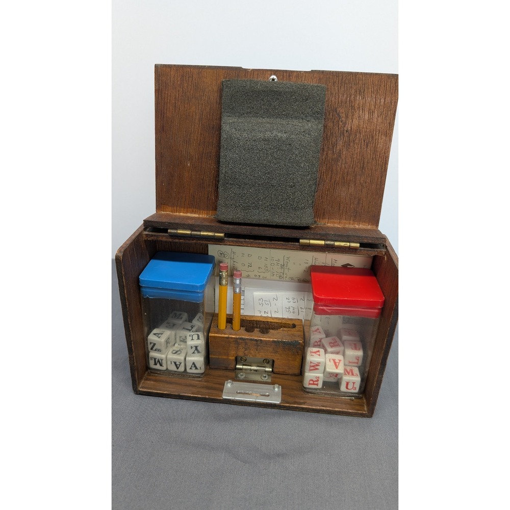 Vintage Wood Crossword Dice Game Travel Set Handmade Wooden Box Word Game